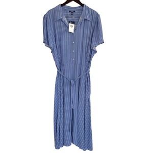 Chaps Blue Striped Button Front‎ Midi Dress Belted Plus Size 3X NWT